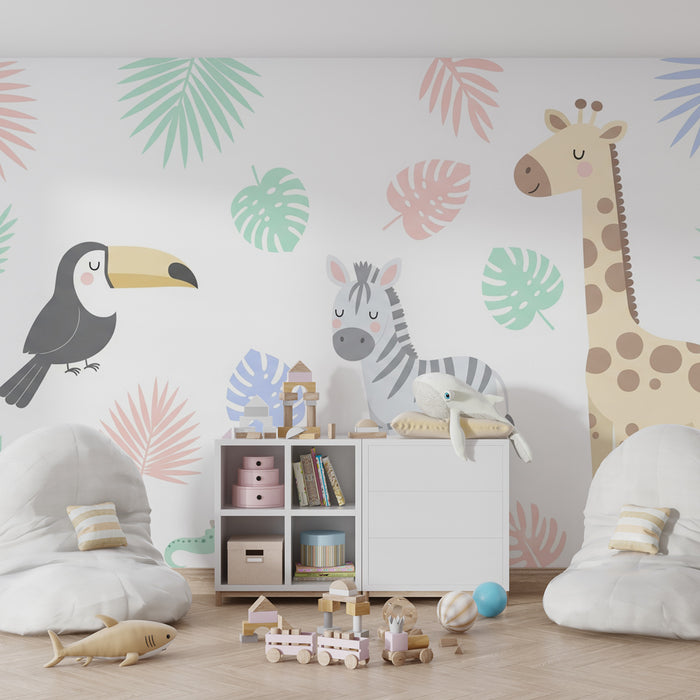 Kids room wallpaper | Jungle animals and colorful foliage