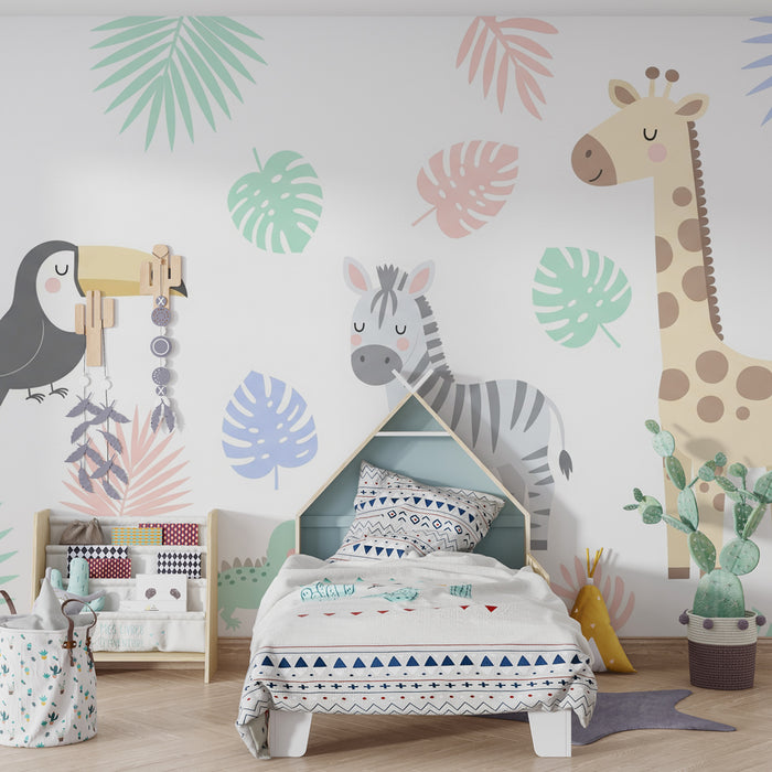 Kids room wallpaper | Jungle animals and colorful foliage