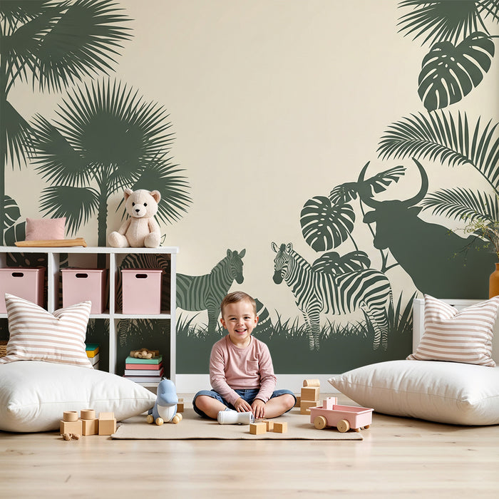 Kids room wallpaper | Jungle animals and lush foliage