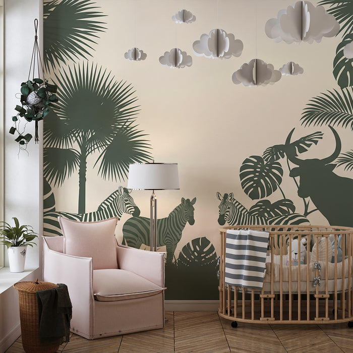Kids room wallpaper | Jungle animals and lush foliage