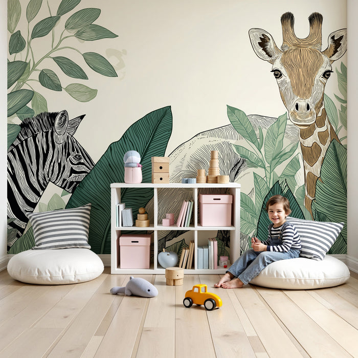 Papier peint chambre enfant | Animaux de la jungle et feuillage luxuriant