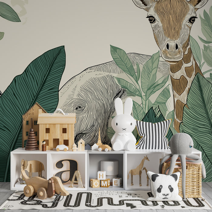 Papier peint chambre enfant | Animaux de la jungle et feuillage luxuriant