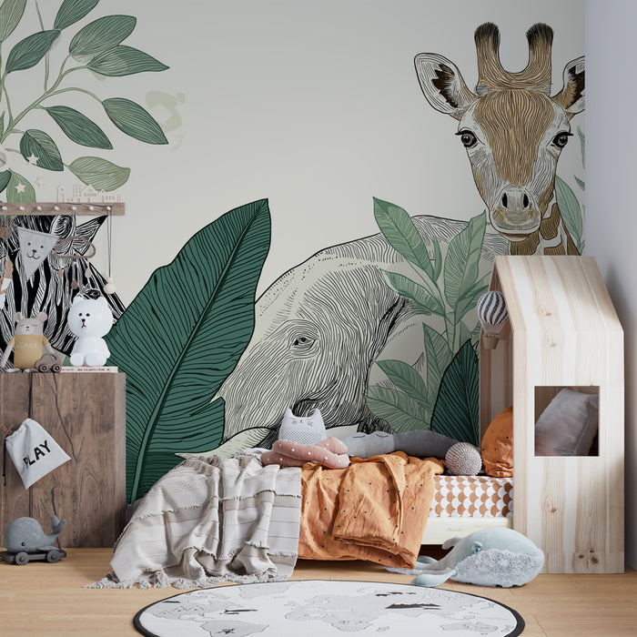 Papier peint chambre enfant | Animaux de la jungle et feuillage luxuriant