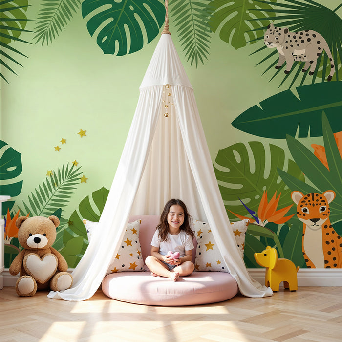 Papier peint chambre enfant | Animaux de la jungle et feuillage tropical coloré