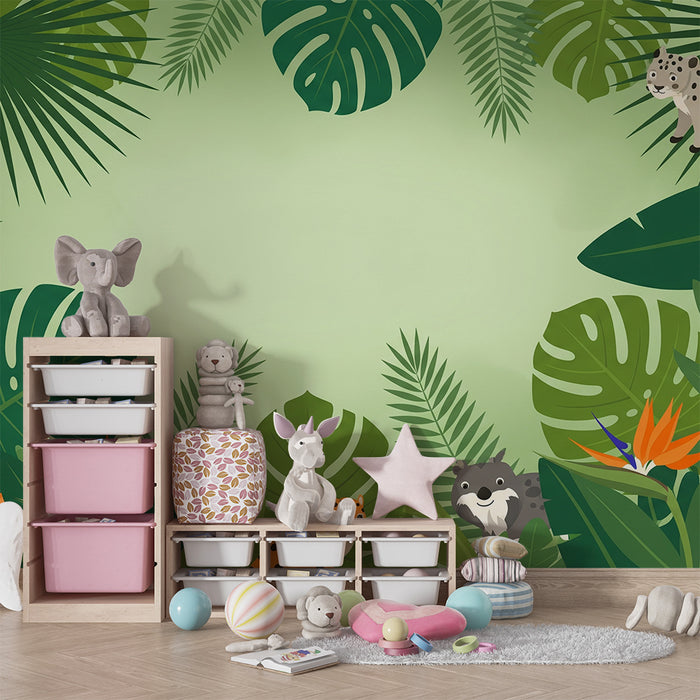 Papier peint chambre enfant | Animaux de la jungle et feuillage tropical coloré