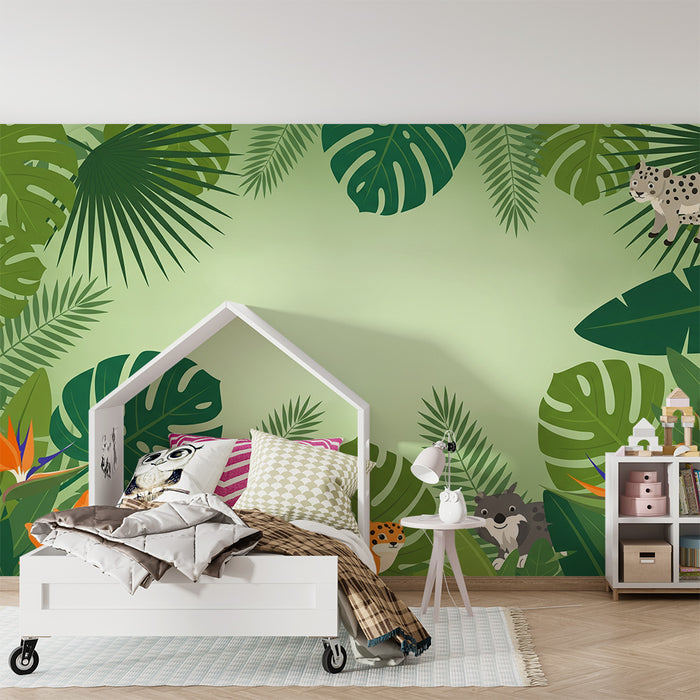 Papier peint chambre enfant | Animaux de la jungle et feuillage tropical coloré