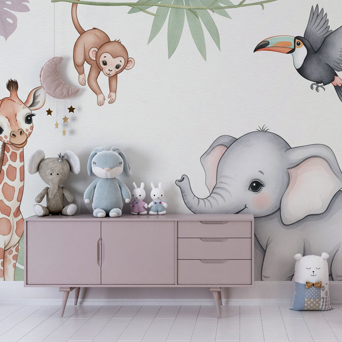 Papel de parede criança | Animais da selva e folhagens coloridas