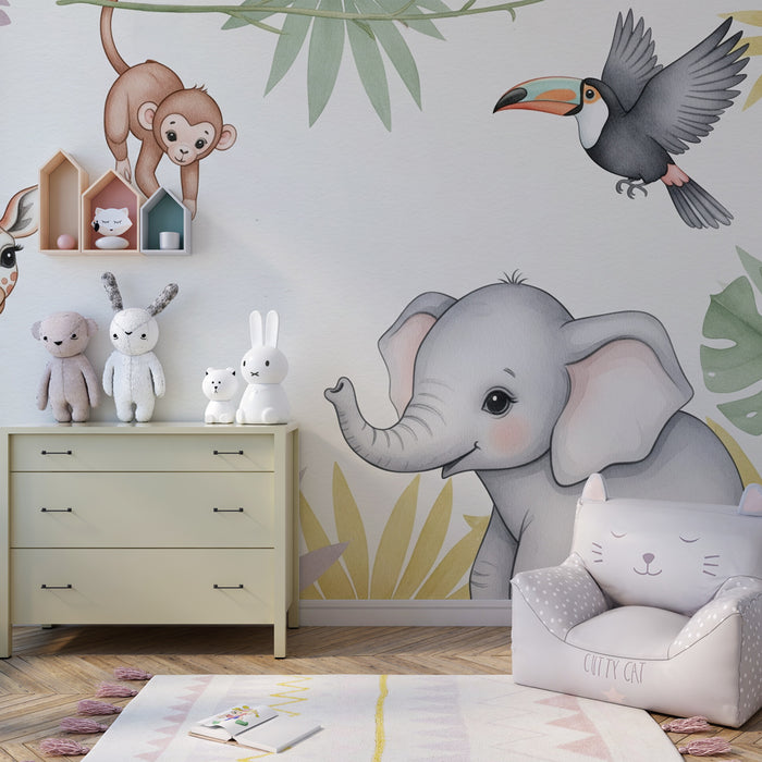 Papel de parede criança | Animais da selva e folhagens coloridas