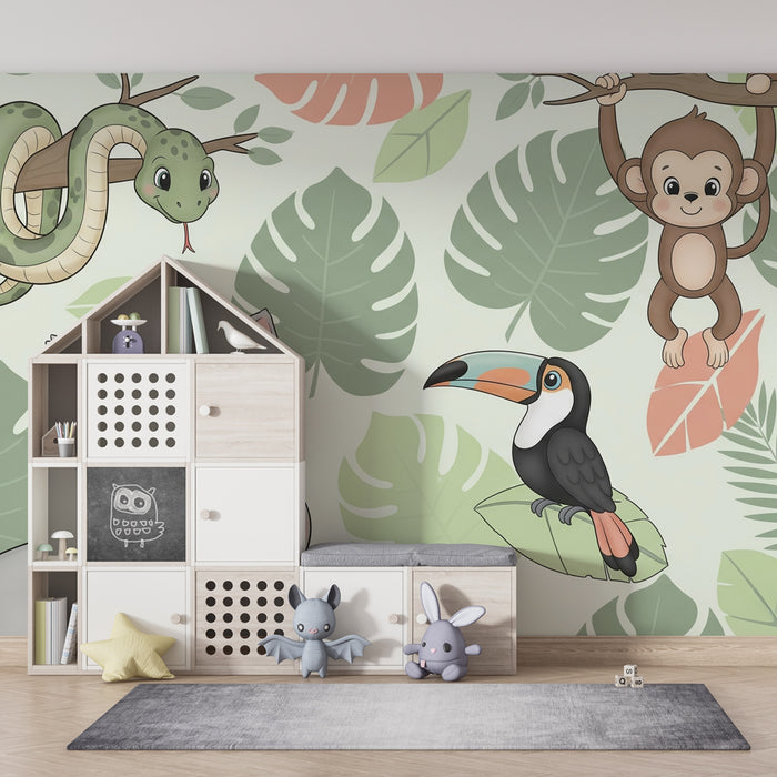 Kids room wallpaper | Jungle animals and tropical foliage