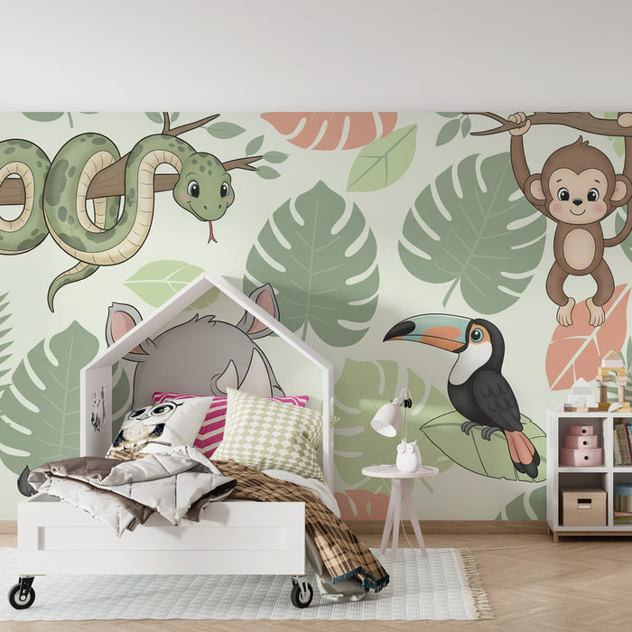Kids room wallpaper | Jungle animals and tropical foliage