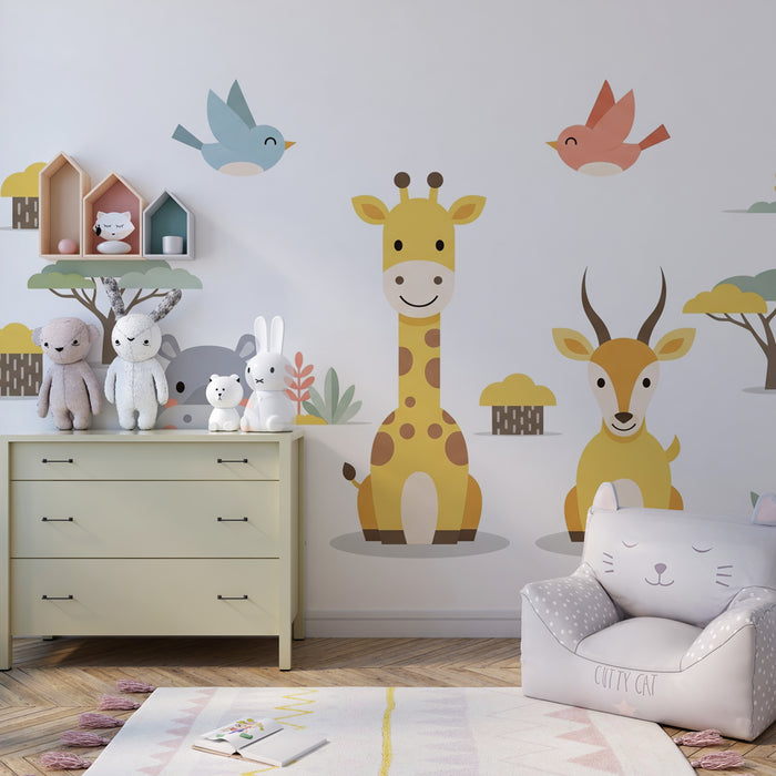 Kids room wallpaper | Jungle animals and cheerful birds