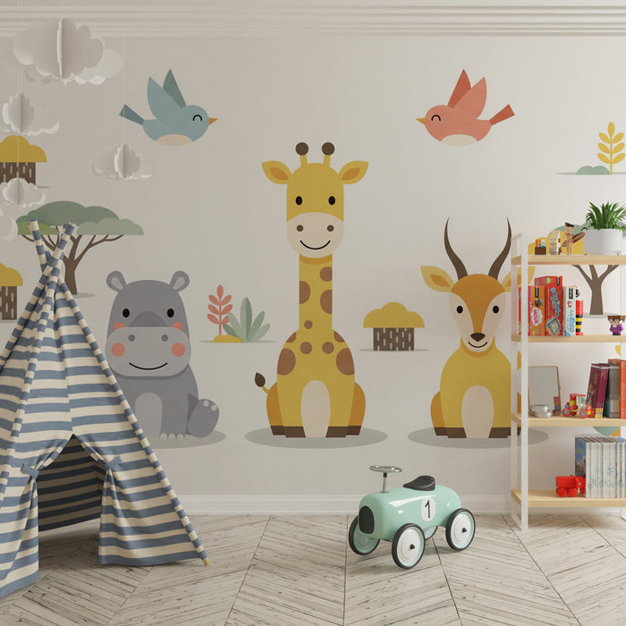 Kids room wallpaper | Jungle animals and cheerful birds