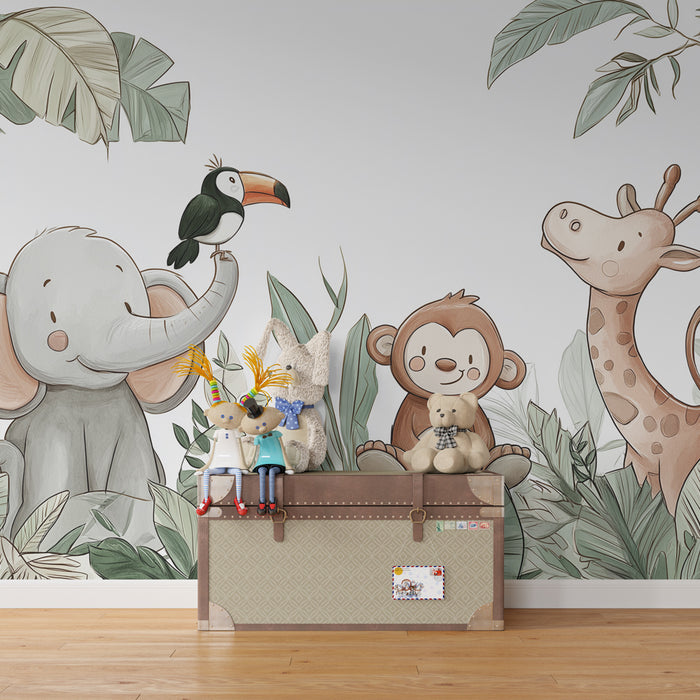 Papel pintado infantil | Animales de la jungla y sorpresas tropicales