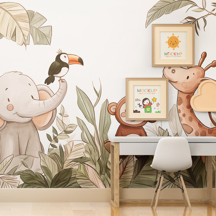 Papel pintado infantil | Animales de la jungla y sorpresas tropicales