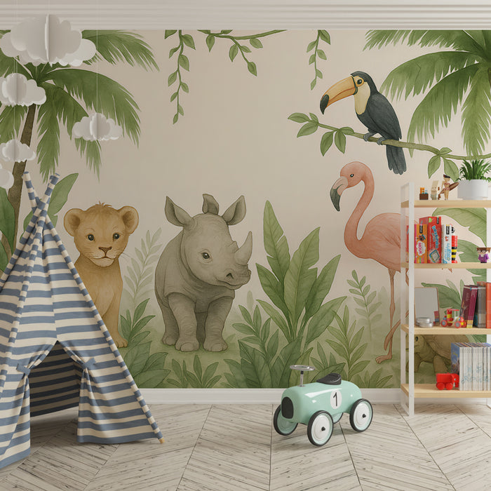 Kids room wallpaper | Jungle animals and tropical universe