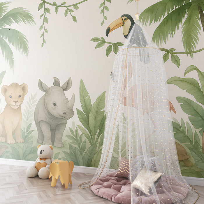 Kids room wallpaper | Jungle animals and tropical universe