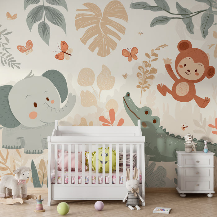 Papier peint chambre enfant | Animaux de la jungle et végétation colorée
