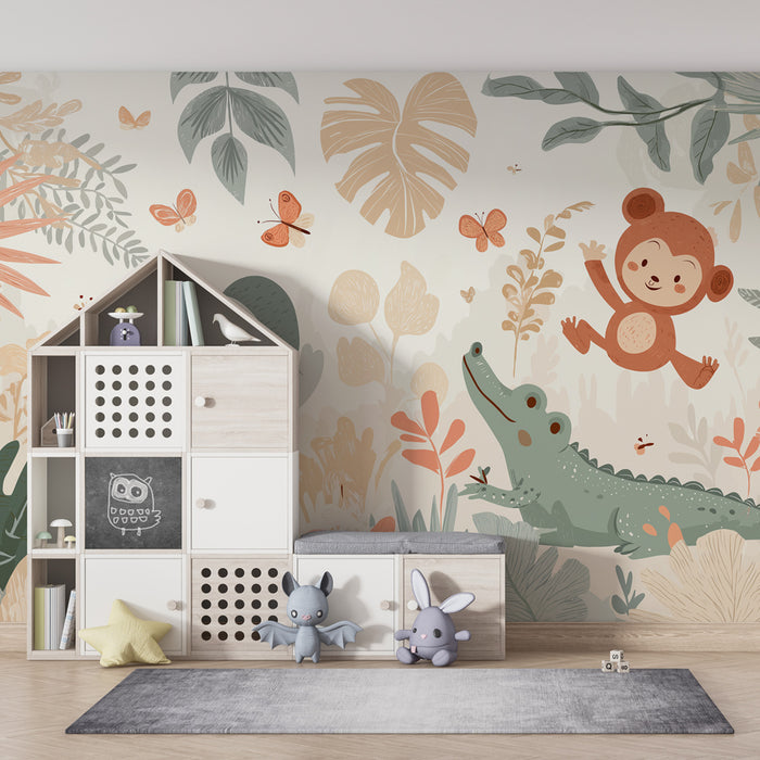 Papier peint chambre enfant | Animaux de la jungle et végétation colorée