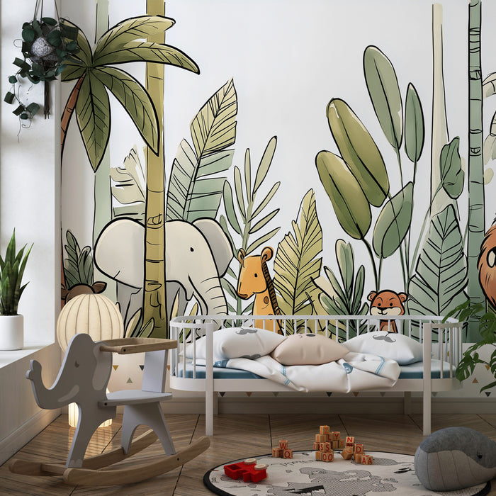 Papier peint chambre enfant | Animaux de la jungle et végétation luxuriante