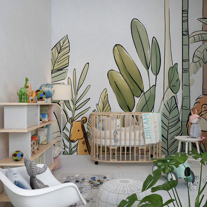Papier peint chambre enfant | Animaux de la jungle et végétation luxuriante