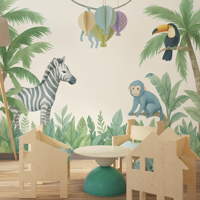Papier peint chambre enfant | Animaux de la jungle et végétation tropicale en bleu et vert