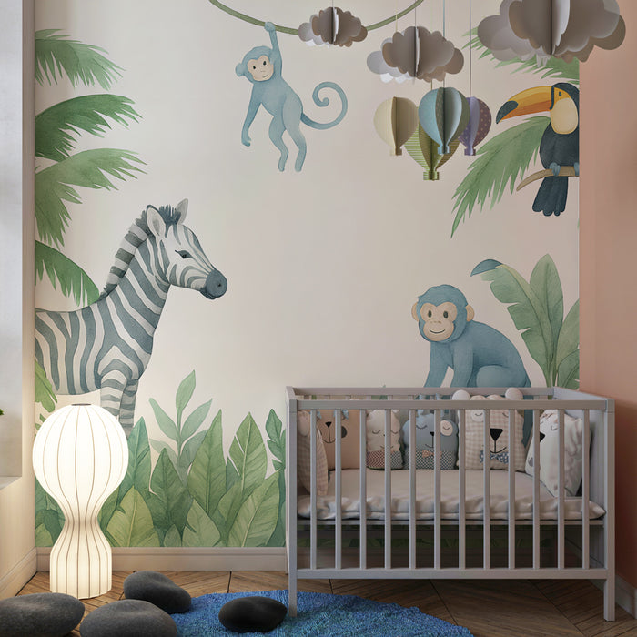 Papier peint chambre enfant | Animaux de la jungle et végétation tropicale en bleu et vert