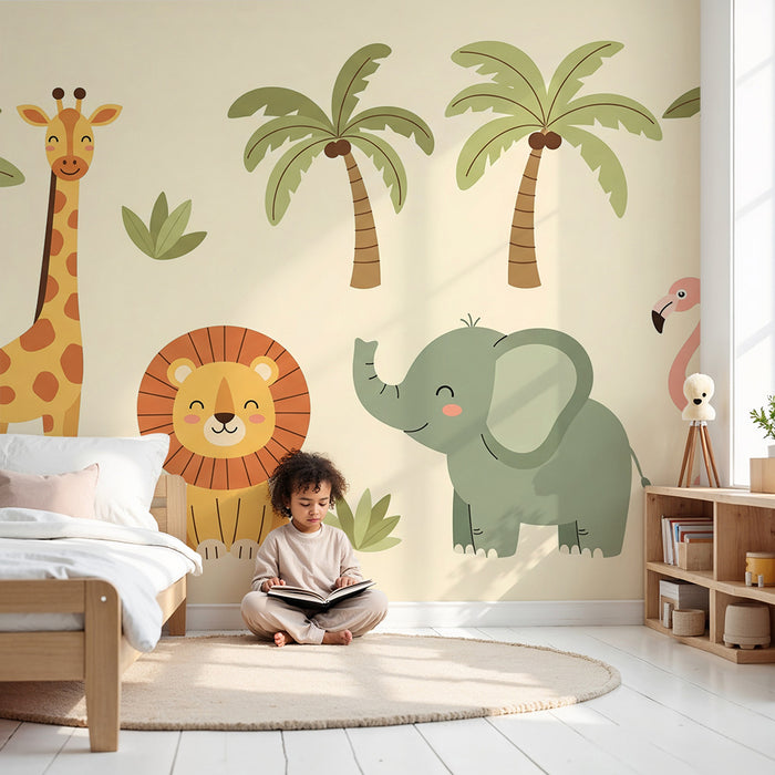 Kinderkamer behang | Vrolijke jungle dieren met kleurrijke palmbomen