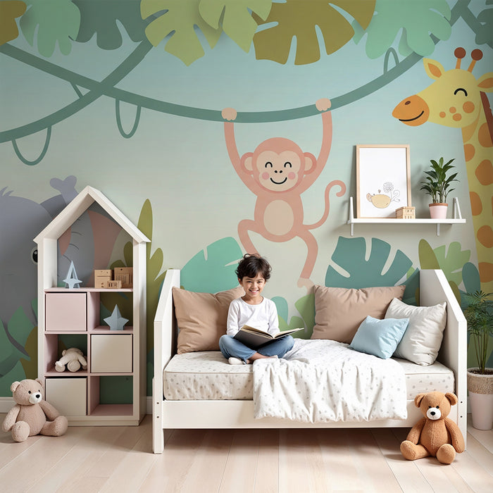 Kinderzimmer Tapete | Fröhliche Dschungeltiere zwischen bunten Blättern