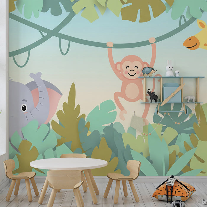 Kinderzimmer Tapete | Fröhliche Dschungeltiere zwischen bunten Blättern