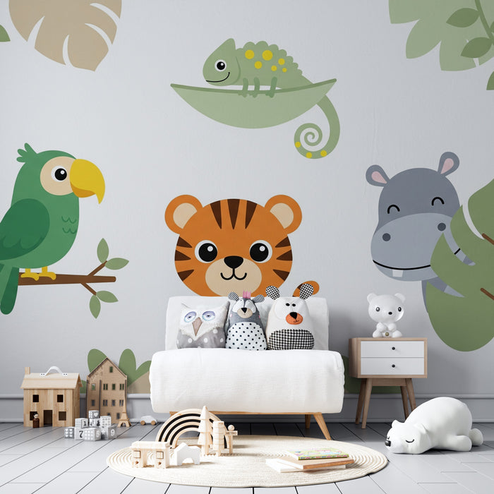 Papier peint chambre enfant | Animaux de la jungle qui s'amusent