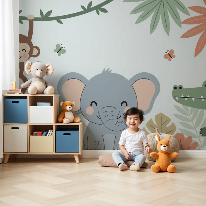 Kinderkamer behang | Grappige jungle dieren en kleurrijke bladeren