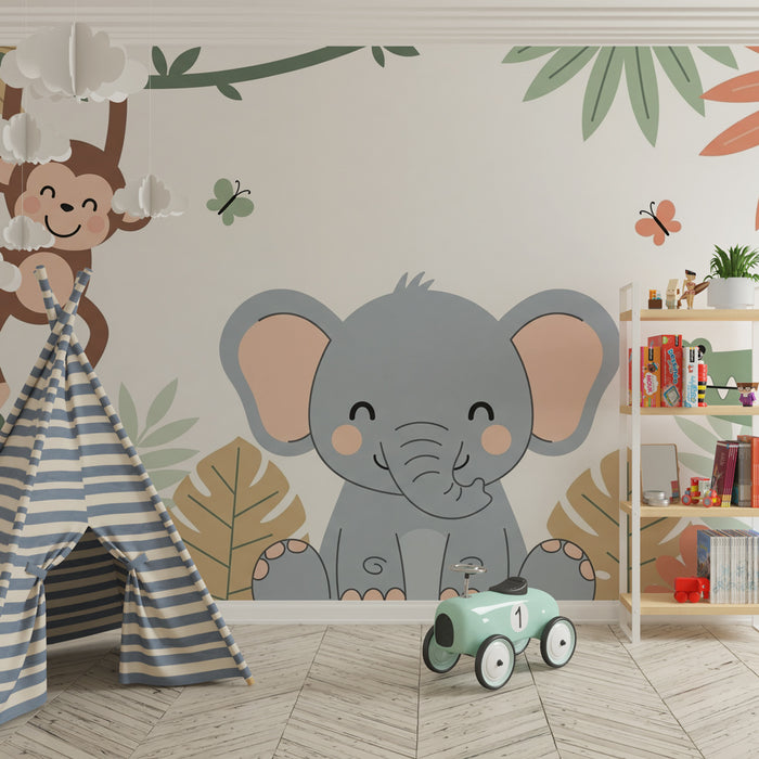Kinderkamer behang | Grappige jungle dieren en kleurrijke bladeren