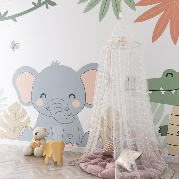 Kinderkamer behang | Grappige jungle dieren en kleurrijke bladeren