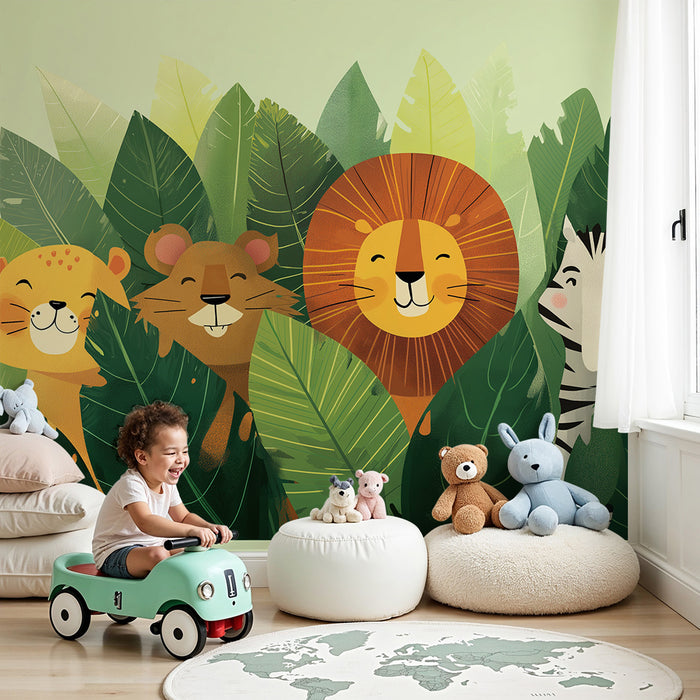 Kinderzimmer Tapete | Lächelnde Dschungeltiere zwischen den Blättern