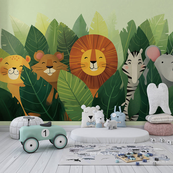 Kinderzimmer Tapete | Lächelnde Dschungeltiere zwischen den Blättern