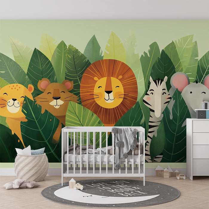 Kinderzimmer Tapete | Lächelnde Dschungeltiere zwischen den Blättern