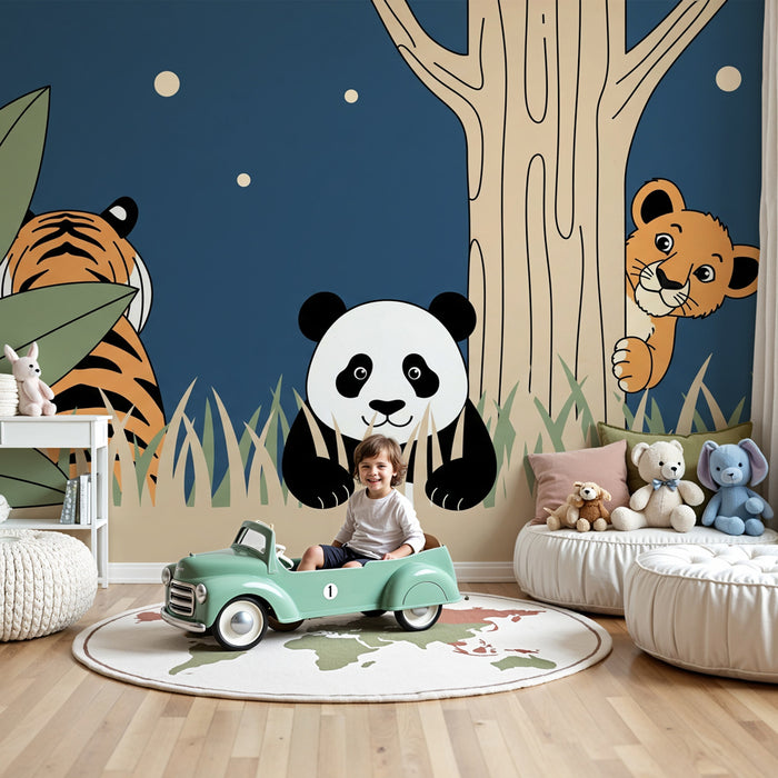Papier peint chambre enfant | Animaux de la jungle sous la lune