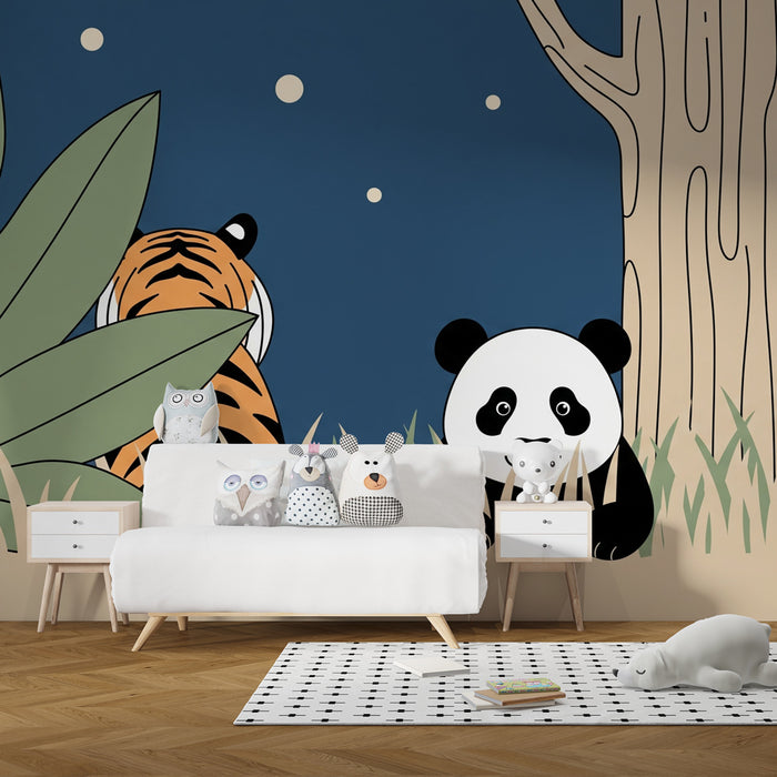 Papier peint chambre enfant | Animaux de la jungle sous la lune