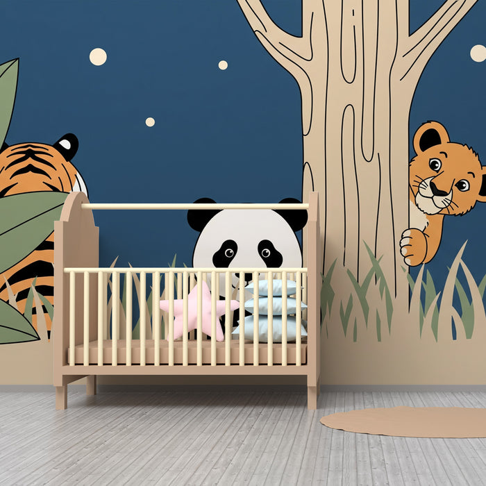 Papier peint chambre enfant | Animaux de la jungle sous la lune