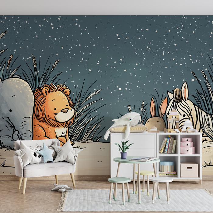 Papier peint chambre enfant | Animaux de la jungle sous les étoiles