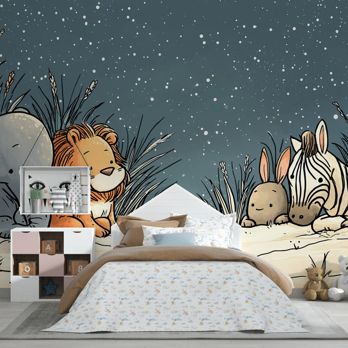 Papier peint chambre enfant | Animaux de la jungle sous les étoiles