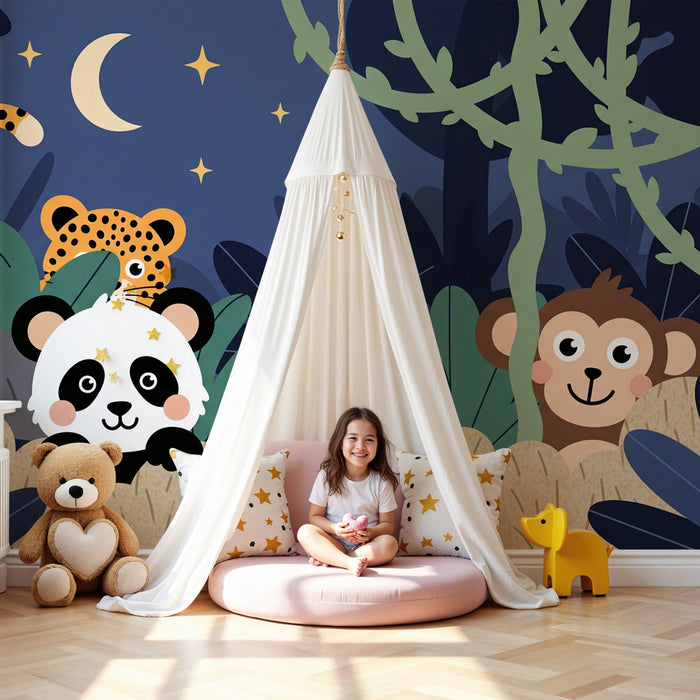 Papier peint chambre enfant | Animaux de la jungle sous un ciel étoilé en plein cache cache