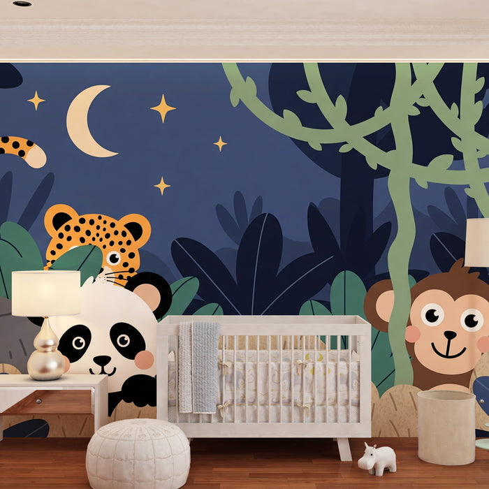 Papier peint chambre enfant | Animaux de la jungle sous un ciel étoilé en plein cache cache