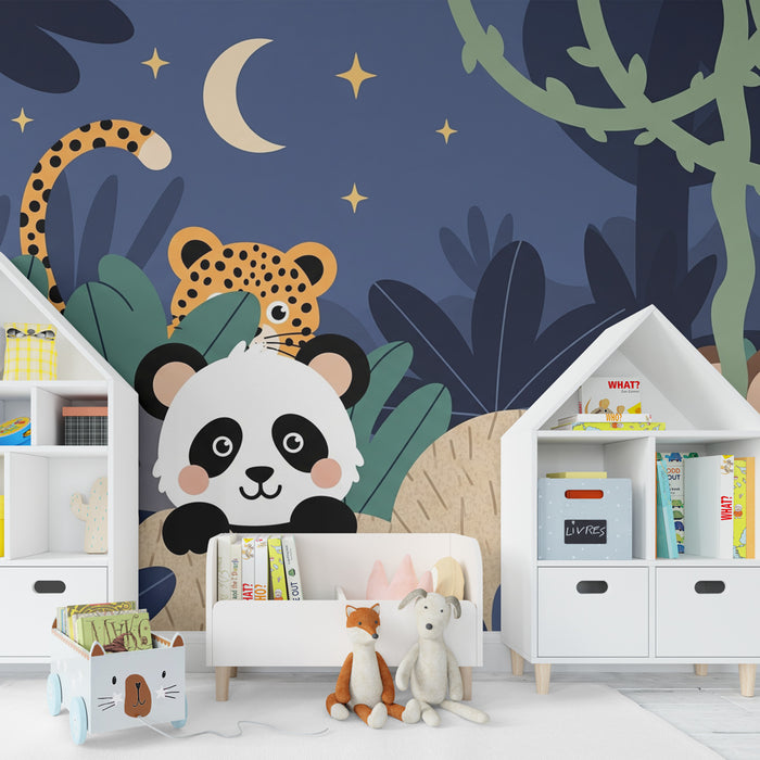 Papier peint chambre enfant | Animaux de la jungle sous un ciel étoilé en plein cache cache