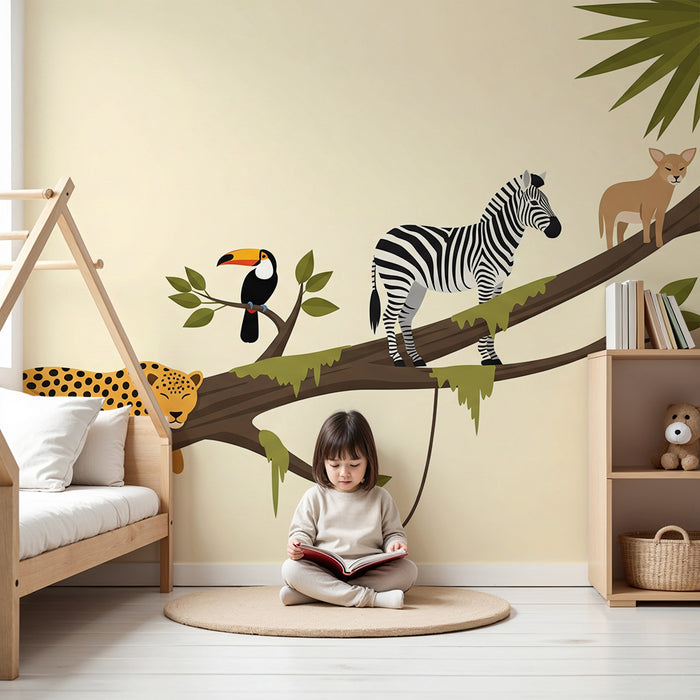 Papel de parede criança | Animais da selva em um galho com folhagem tropical