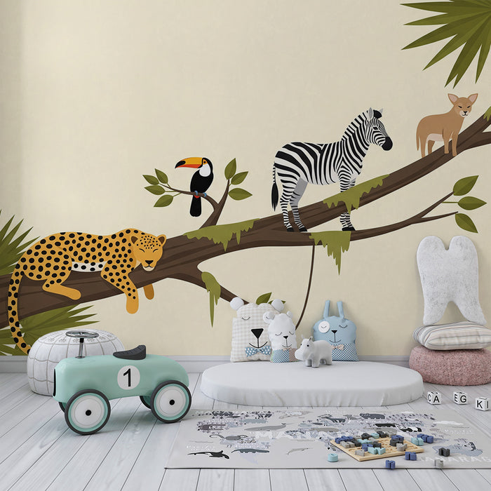 Papel de parede criança | Animais da selva em um galho com folhagem tropical