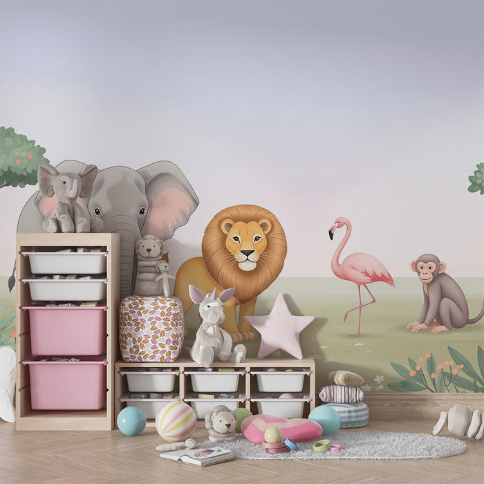 Papel de parede criança | Animais da savana com elefante, leão, flamingo e macaco