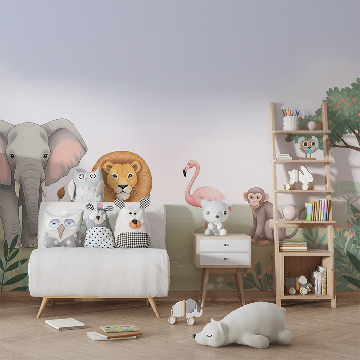 Papel de parede criança | Animais da savana com elefante, leão, flamingo e macaco