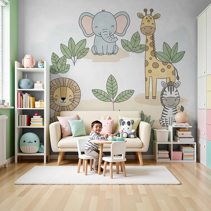 Papel de parede infantil | Animais da savana com elefante, leão, girafa e zebra