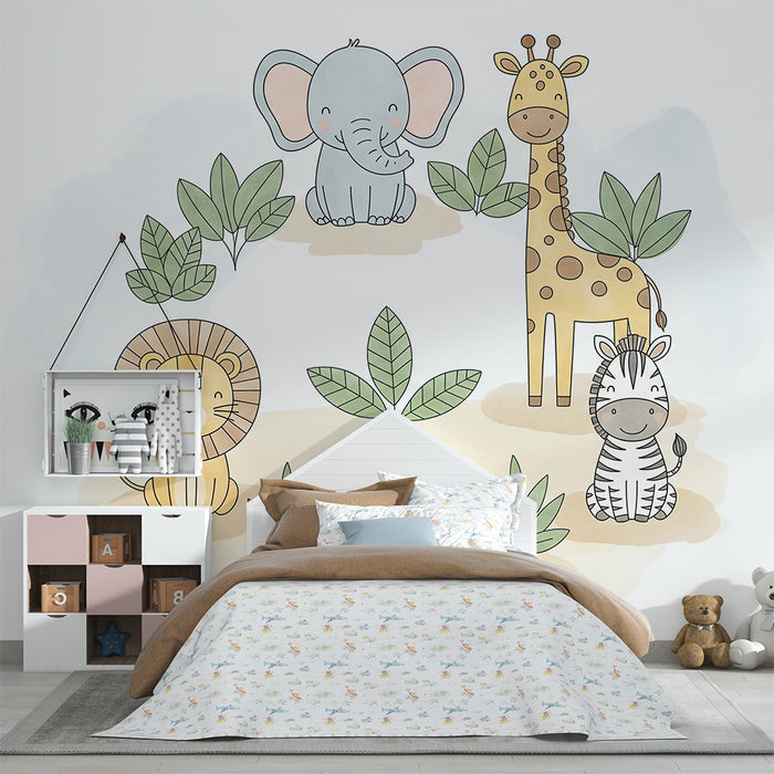 Papel de parede infantil | Animais da savana com elefante, leão, girafa e zebra